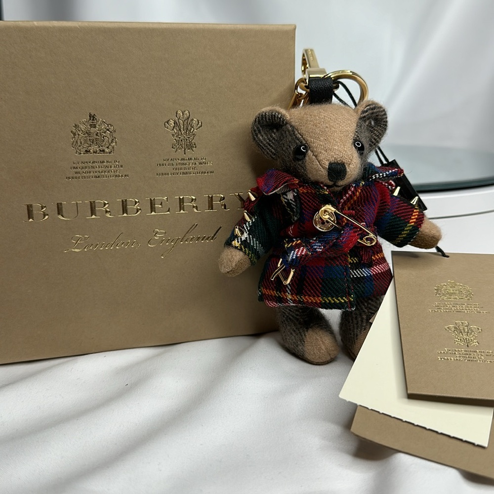 Burberry Thomas Bear Red Tartan Check Gold Stud & Pin Design Coat Bag Charm - Picture 1 of 10